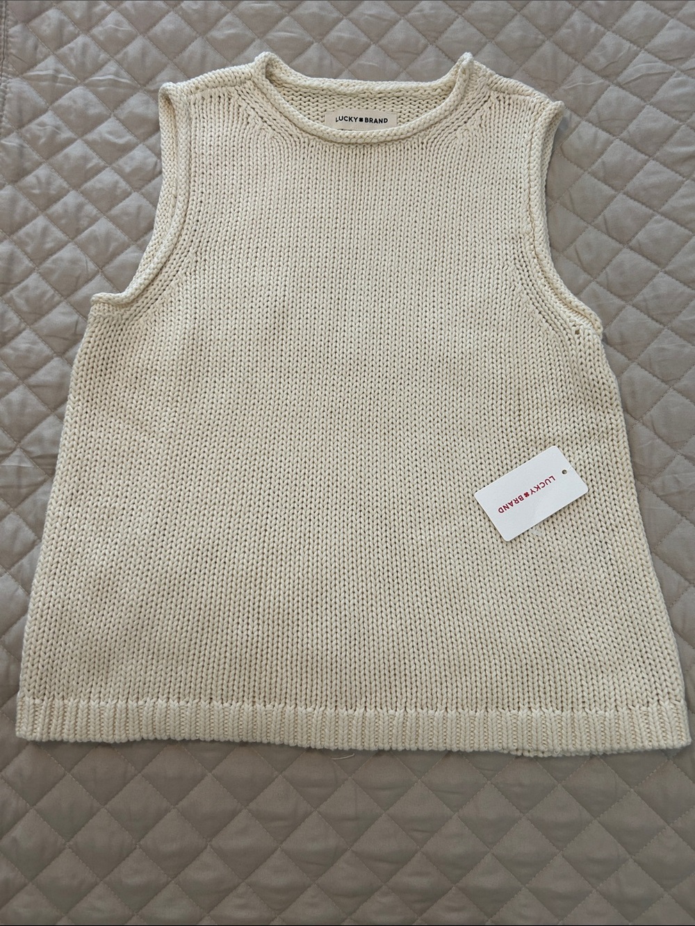 Lucky Brand Beige Lightweight Knit Sleeveless Top Rolled Neckline | small | NWT